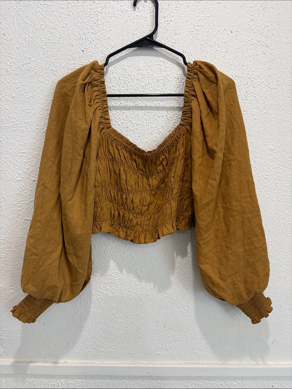 Smocked Puff-Sleeve Crop Blouse in Mustard